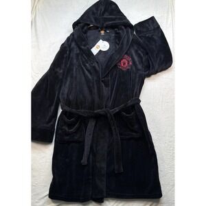 Manchester United Hooded Bathrobe Mens Small Black Plush Soccer Fan Robe Belted
